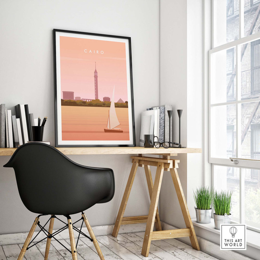 Cairo Print Wall Art Poster in stylish home office setting with vintage travel design and natural light.