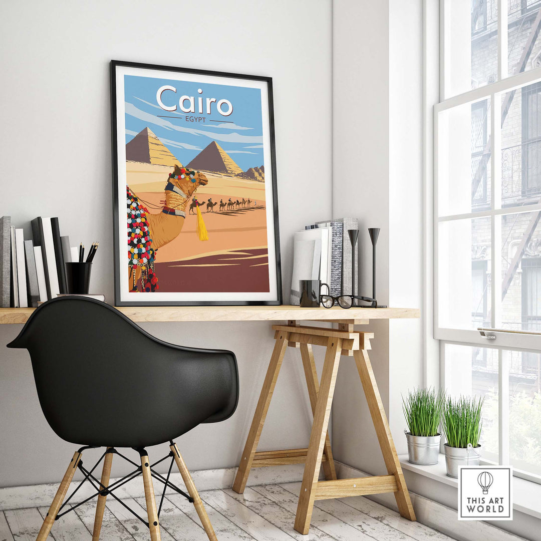 Cairo Wall Art Print showcasing pyramids and a traveler, perfect for stylish home decor and travel lovers.