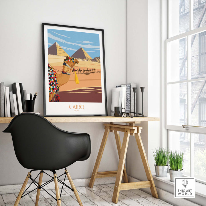 Cairo Egypt poster featuring pyramids and a camel in a modern minimalist style, enhancing home decor.