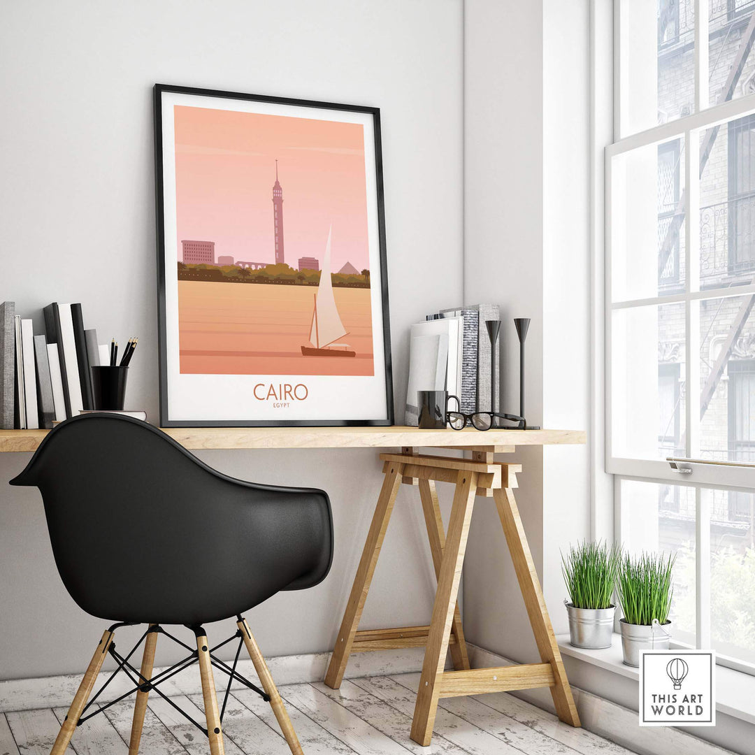 Cairo Travel Poster Print displayed on a desk, highlighting the Nile River and iconic architecture, perfect for home or office decor.