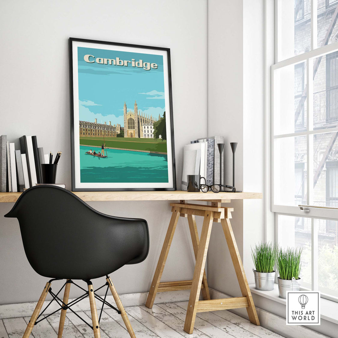 Cambridge vintage poster print wall art featuring Kings College by the river in a stylish office setting.