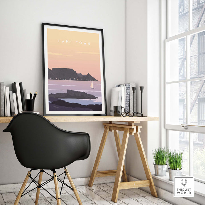 Cape Town Print Wall Art Poster displayed in a modern home office setting, showcasing stylish travel-inspired decor.