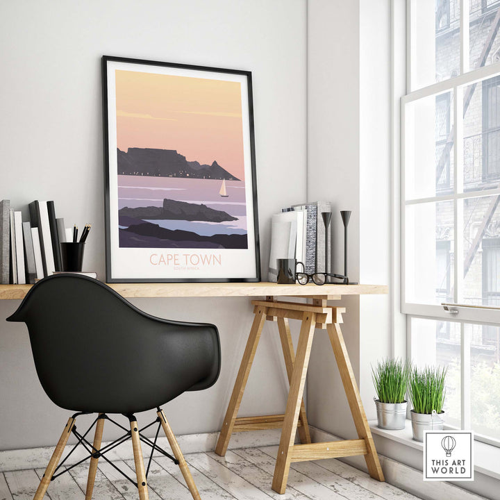 Cape Town Poster Print displayed in a modern workspace, featuring Table Mountain and a serene sunset.