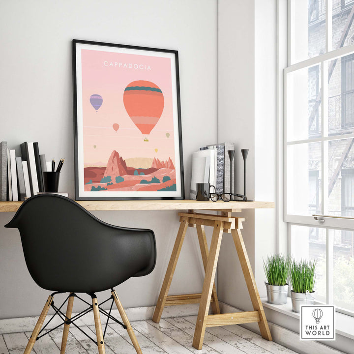 Cappadocia print wall art poster in a stylish home office setting with a modern chair and desk.