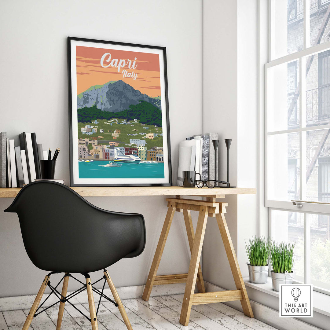 Capri Italy poster print wall art displayed in a stylish home office interior with a modern chair.