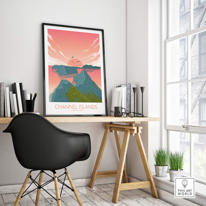 Channel Islands National Park poster in a modern office setting, showcasing minimalist design and nature-inspired artwork.