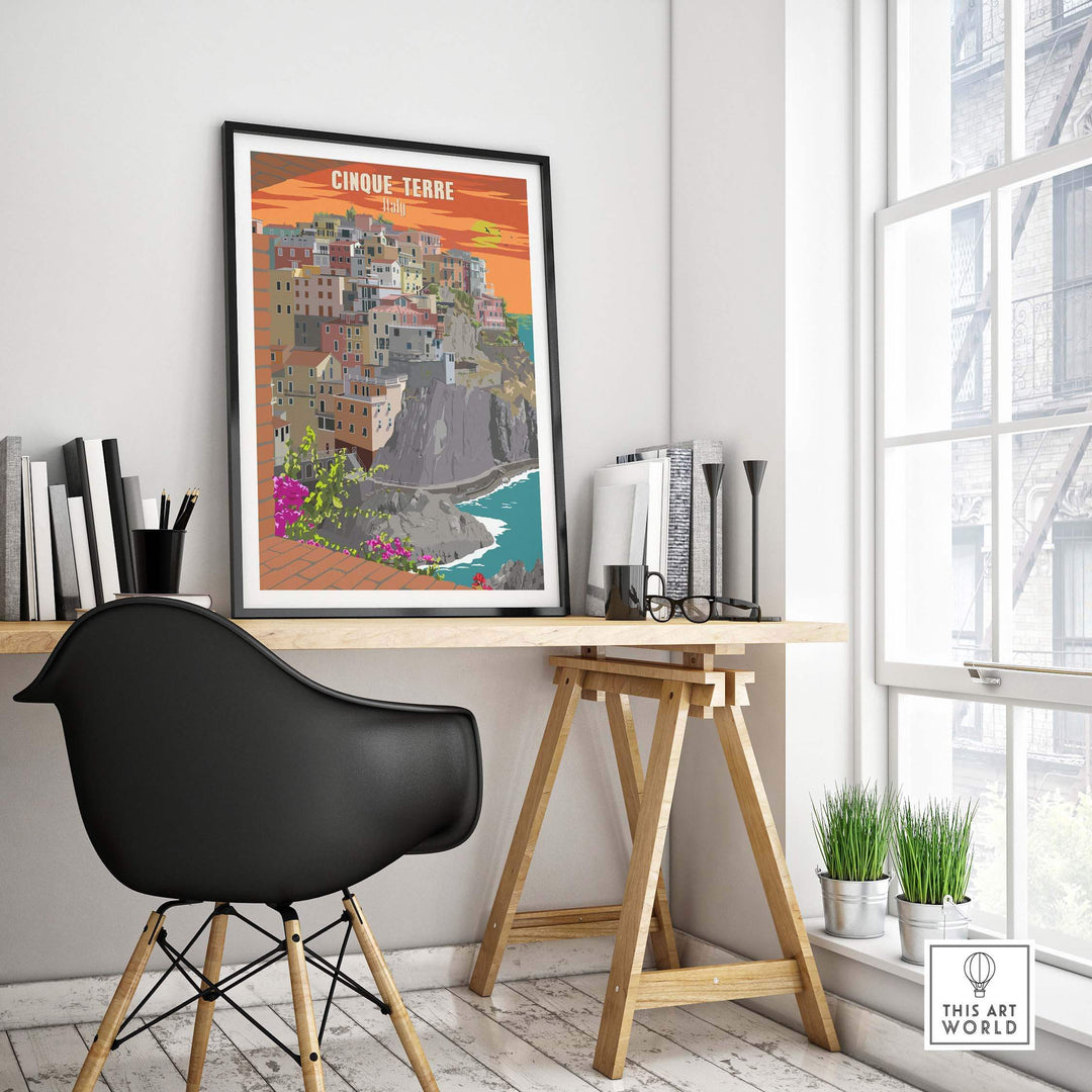 Cinque Terre Italy poster print wall art displayed in a stylish office interior, showcasing vintage travel inspiration.