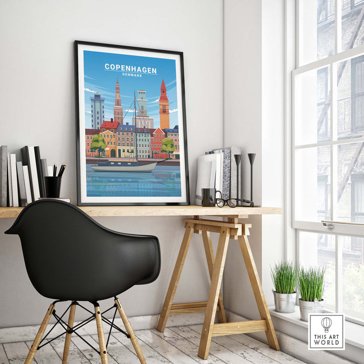 Copenhagen Print displayed in a stylish office, featuring a colorful vintage-inspired travel poster of Copenhagen.