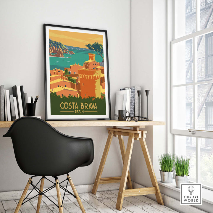 Costa Brava Print Spain displayed in a stylish home office, featuring vintage travel art in a minimalist design.