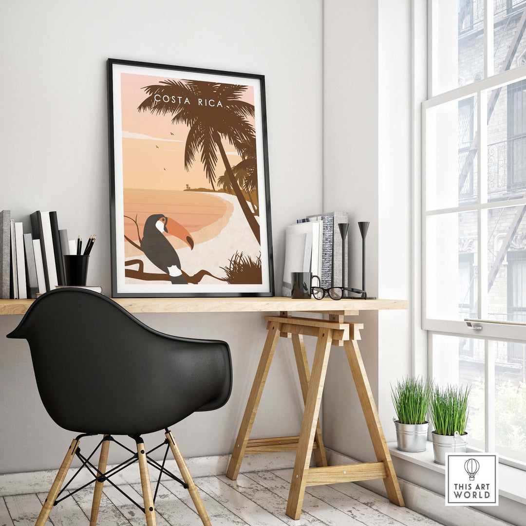 Costa Rica print wall art poster featuring a toucan in a stylish home office setting.