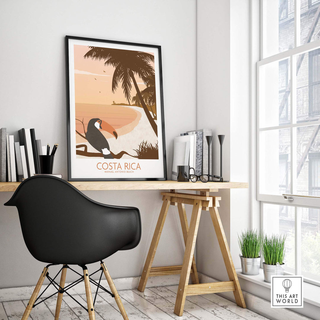 Costa Rica Print Poster displayed in a stylish office setting, featuring tropical design and minimalist decor.