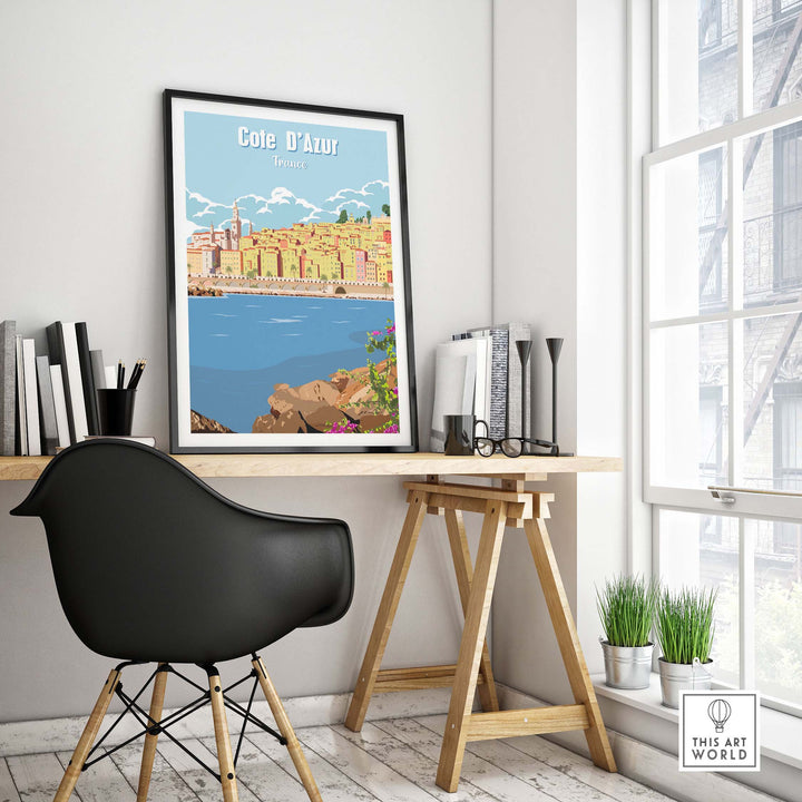 Cote d'Azur wall art poster print displayed in a modern office, evoking vintage travel nostalgia.