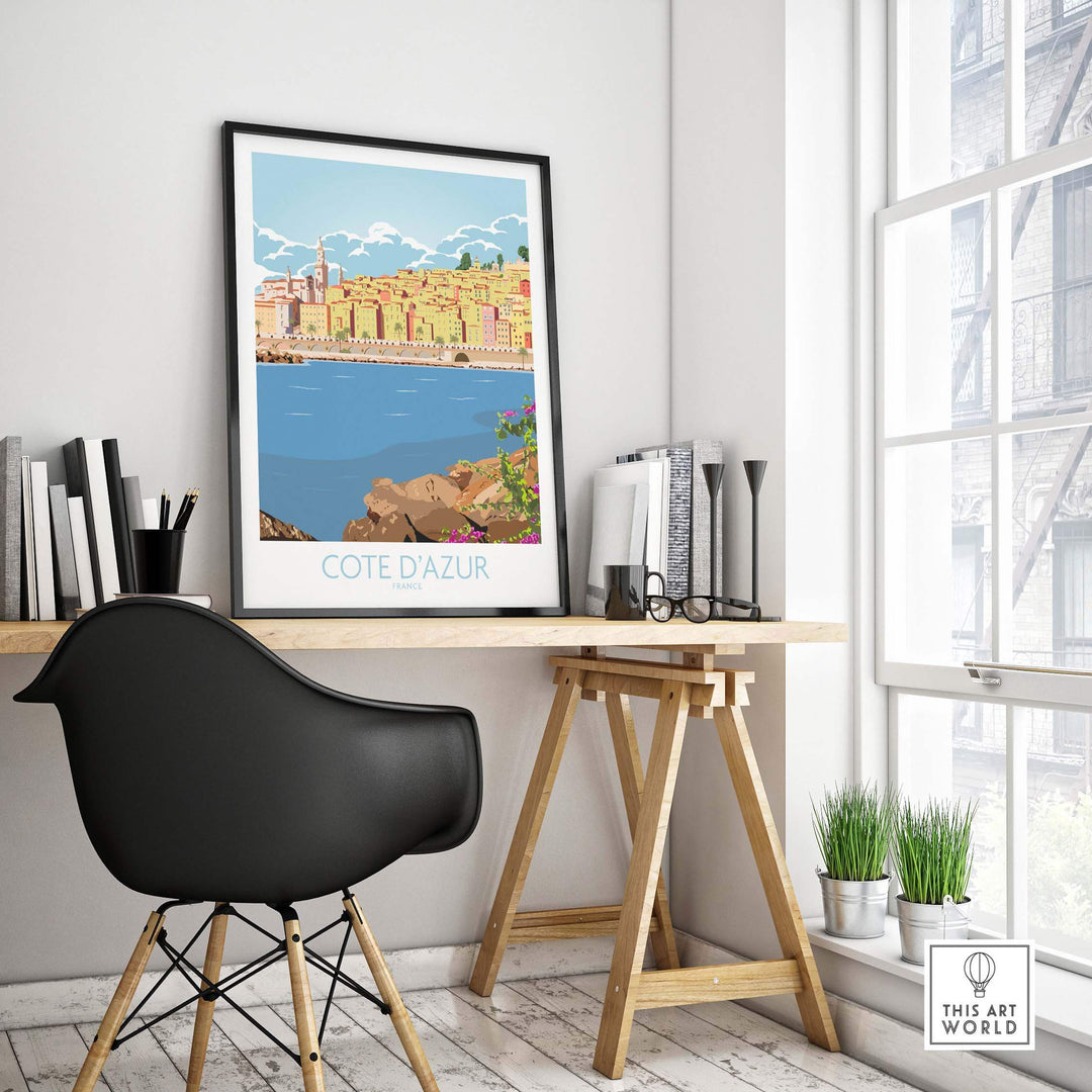 Cote d'Azur Print Poster displayed in a stylish workspace, showcasing vibrant vintage travel art for home decor.
