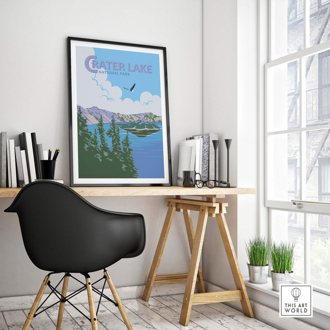 Crater Lake National Park Print displayed in a stylish office setting with modern decor and natural light.