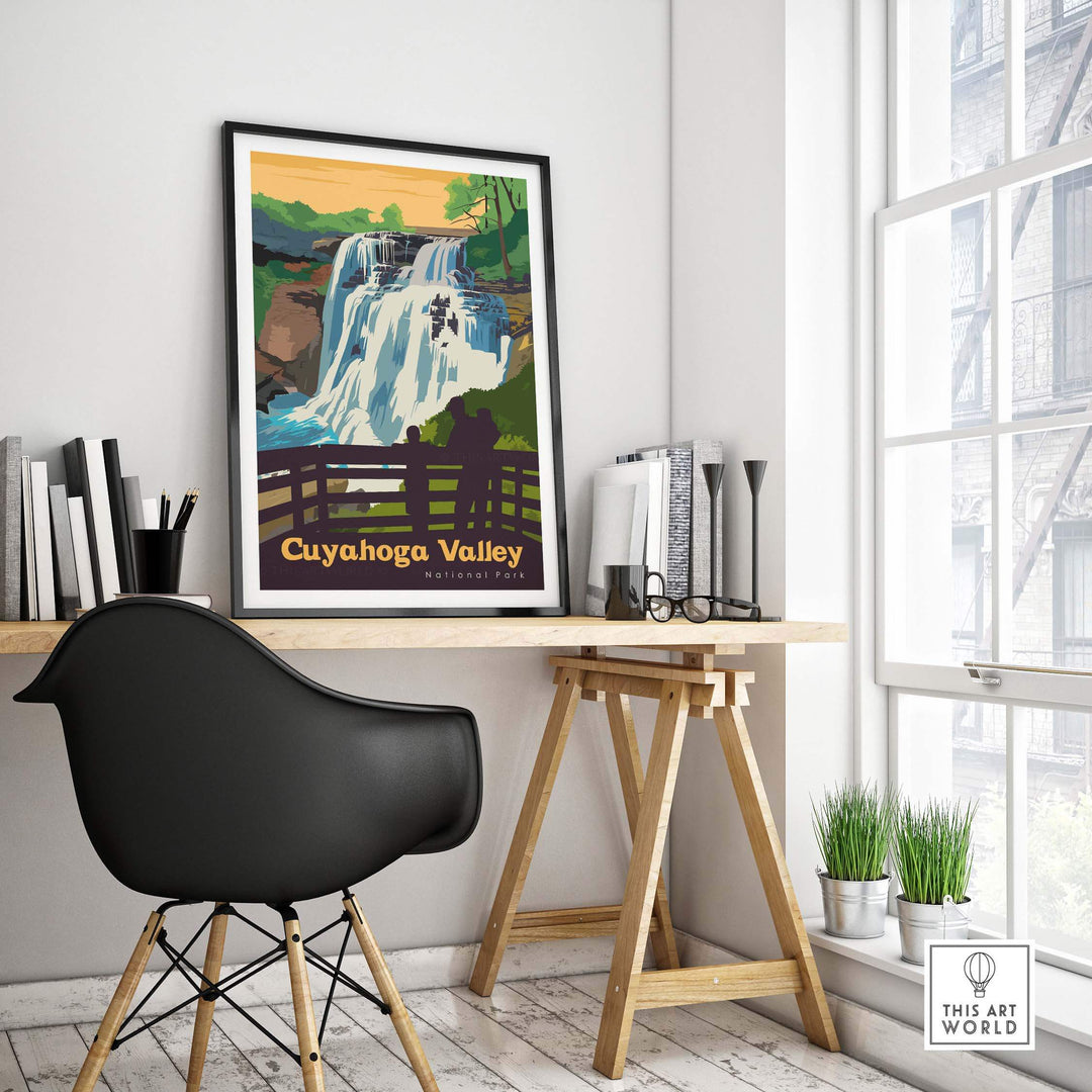 Cuyahoga Valley National Park poster displayed in a stylish office setting, capturing outdoor adventure and vintage art.