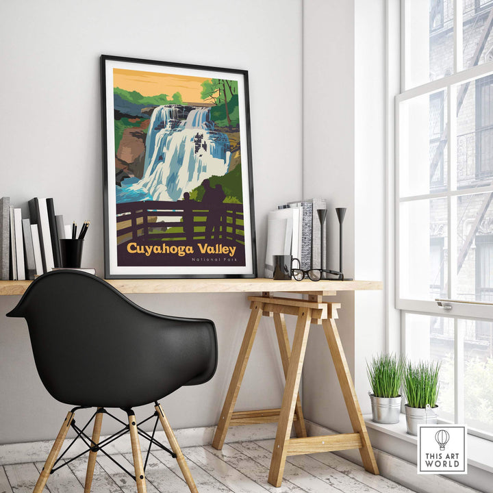 Cuyahoga Valley National Park poster displayed in a stylish office setting, capturing outdoor adventure and vintage art.