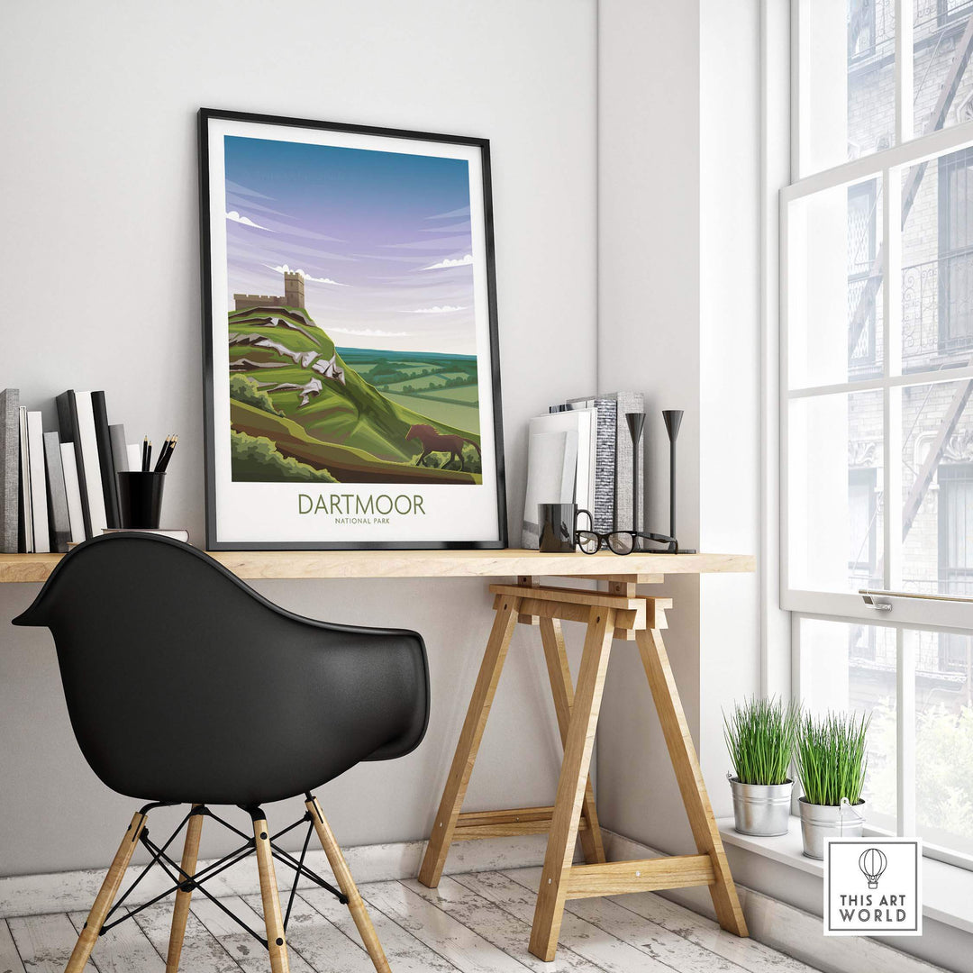 Dartmoor National Park poster in stylish office setting, showcasing modern minimalist design and natural scenery.