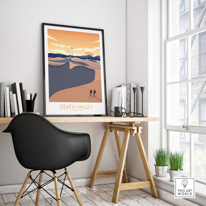 Death Valley National Park art print displayed in modern home office setting, showcasing minimalist design and nature theme.