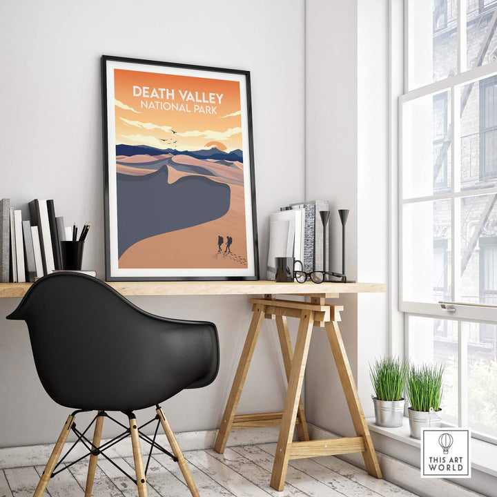 Death Valley National Park poster framed in a stylish office setting, showcasing minimalist artwork.