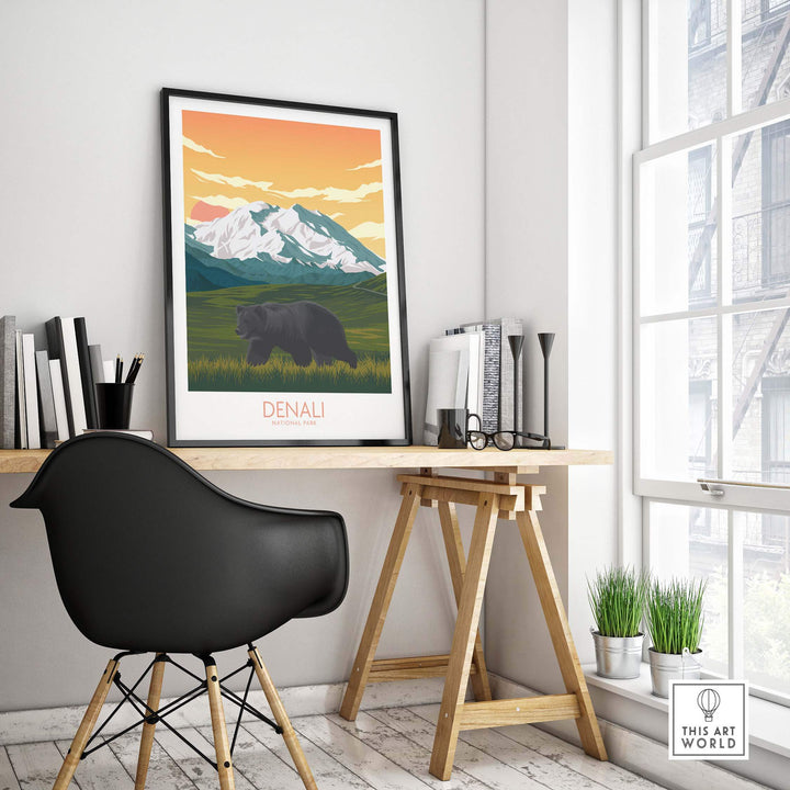 Denali National Park poster featuring mountain landscape and bear, styled art print in modern office setting.