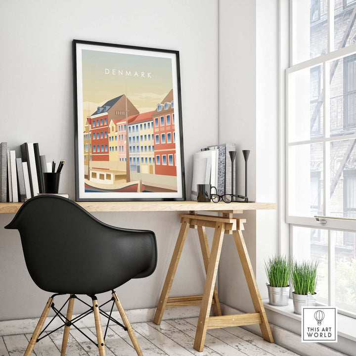 Denmark wall art poster in a modern workspace, featuring colorful Danish architecture inspiration.