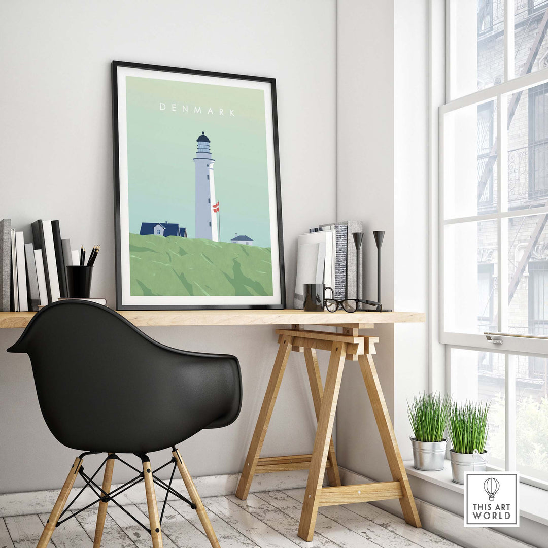 Denmark Print Wall Art Poster displayed in a stylish modern office setting, featuring a lighthouse design.