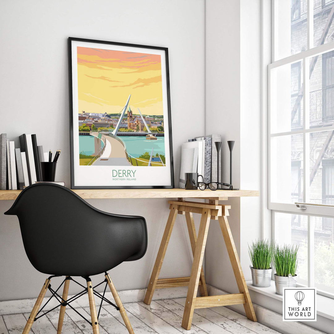 Derry Print Northern Ireland poster displayed in a stylish home office setting with modern furniture and décor.