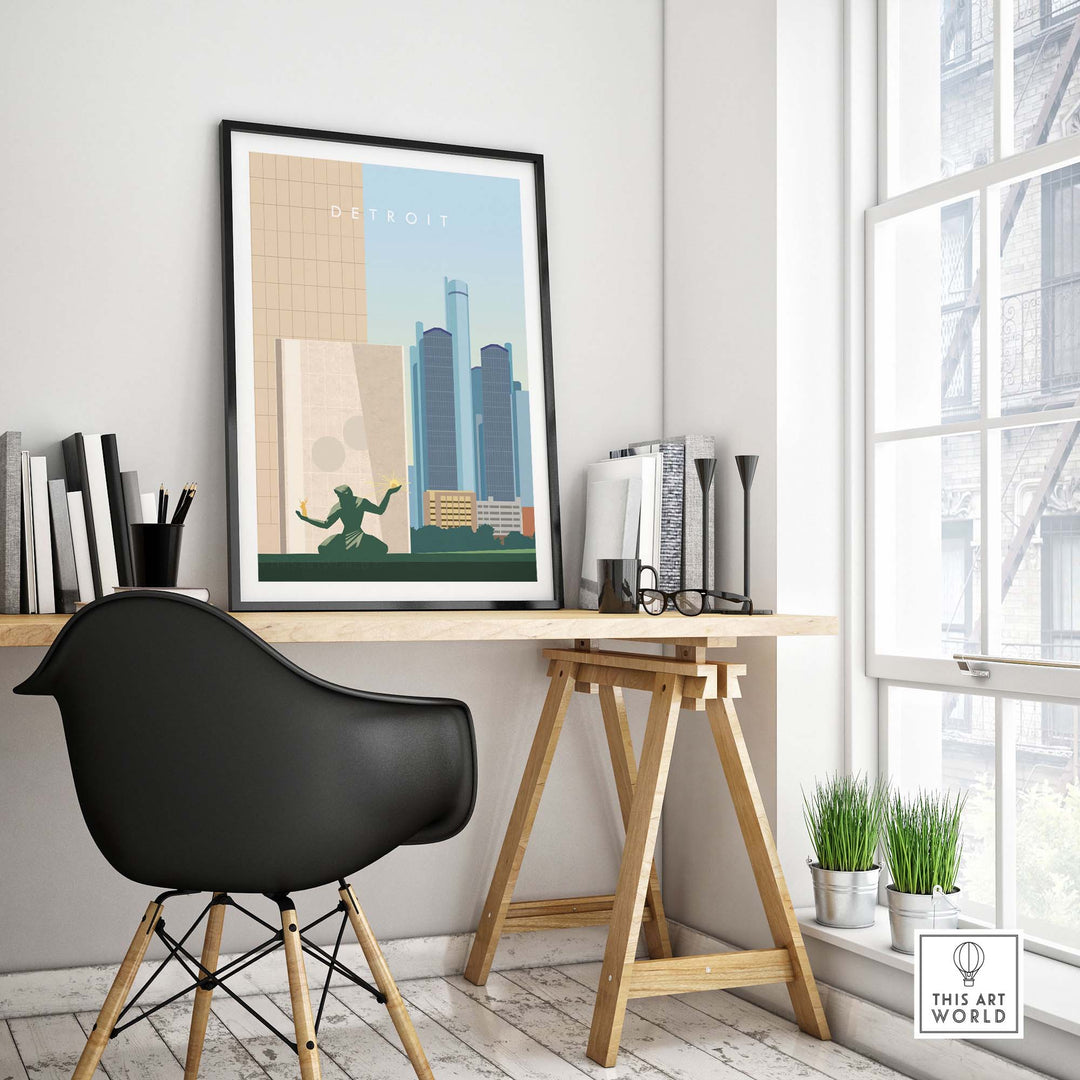 Detroit Travel Poster Print displayed in a modern office setting with stylish decor and ample natural light.