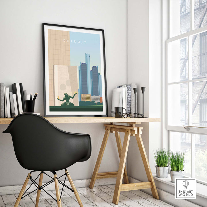 Detroit Travel Poster Print displayed in a modern office setting with stylish decor and ample natural light.