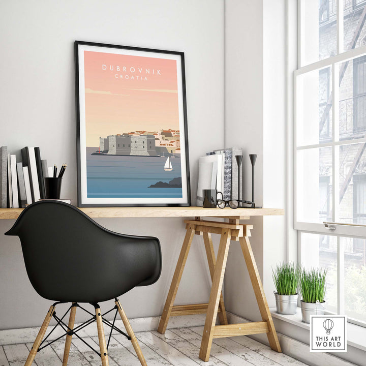 Dubrovnik Print Wall Art Poster in a stylish office setting, featuring vintage-inspired design and vibrant colors.