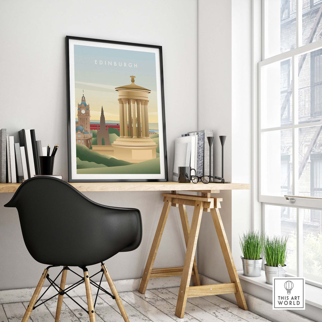 Edinburgh Wall Art Poster displayed in a modern office setting, showcasing iconic Edinburgh landmarks.
