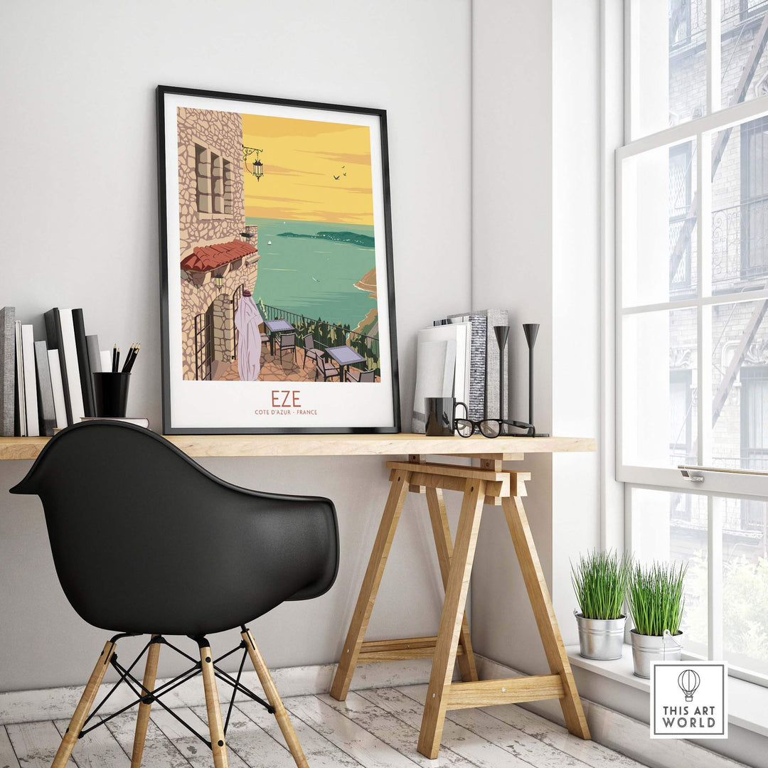 Eze Print France Travel Poster displayed in a stylish home office, showcasing vintage travel art inspired by Eze village.