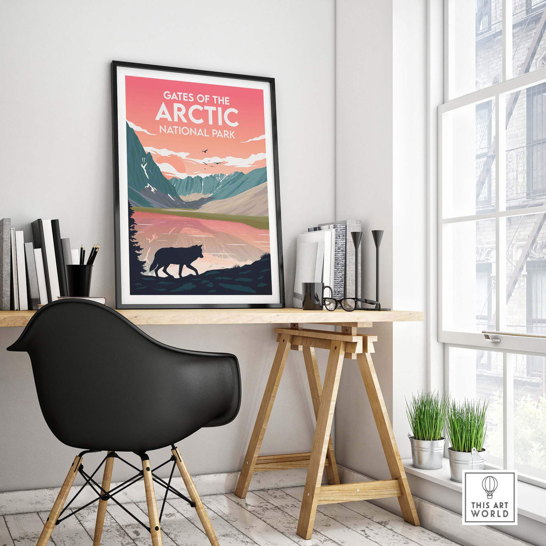 Gates of the Arctic poster displayed in a stylish office setting, featuring mountains and wildlife.