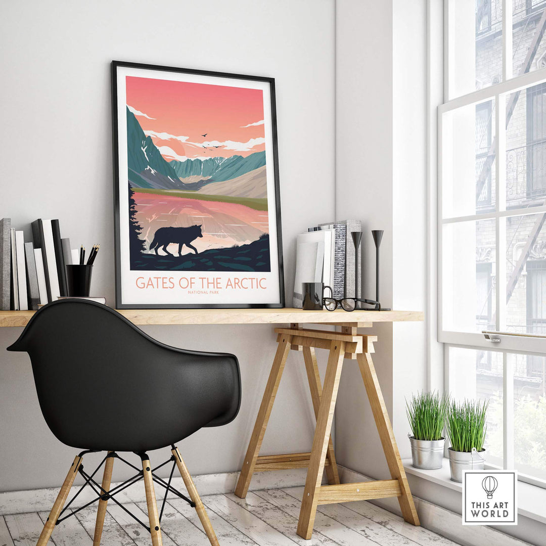 Gates of the Arctic National Park poster displayed in a stylish home office with modern decor.