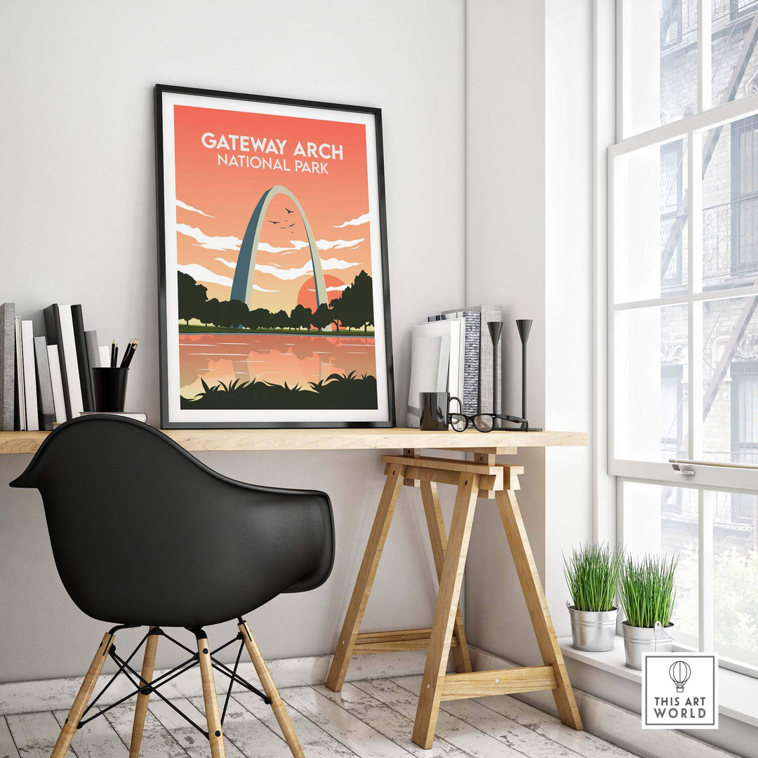 Framed Gateway Arch National Park print in a stylish office setting, showcasing vintage travel art.