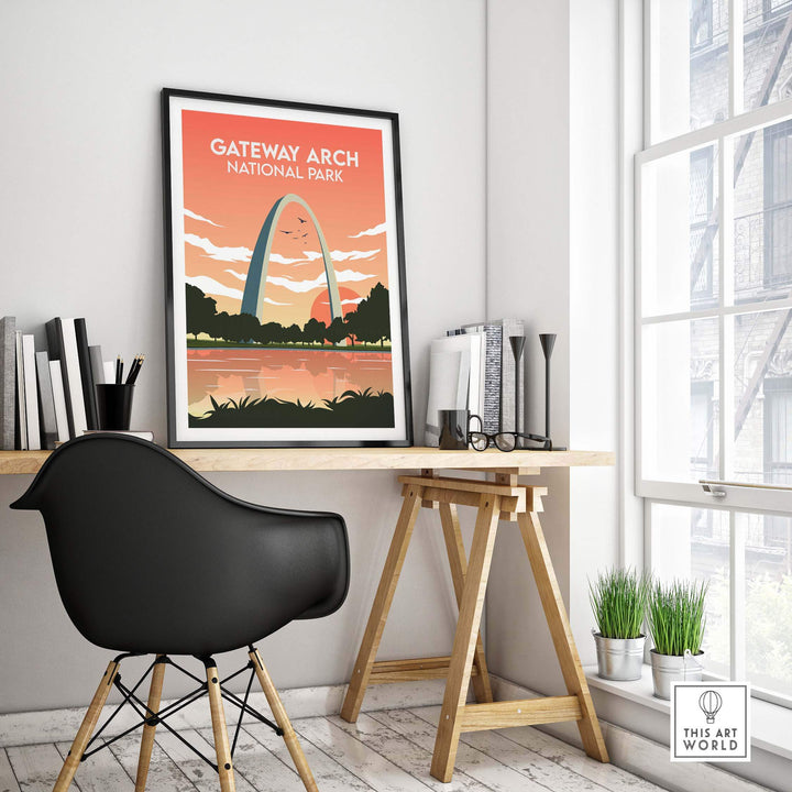 Framed Gateway Arch National Park print in a stylish office setting, showcasing vintage travel art.