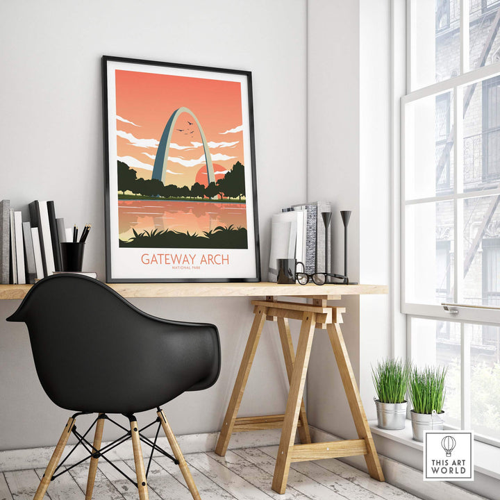 Gateway Arch National Park poster displayed in a modern home office, showcasing minimalist art and nature vibes.