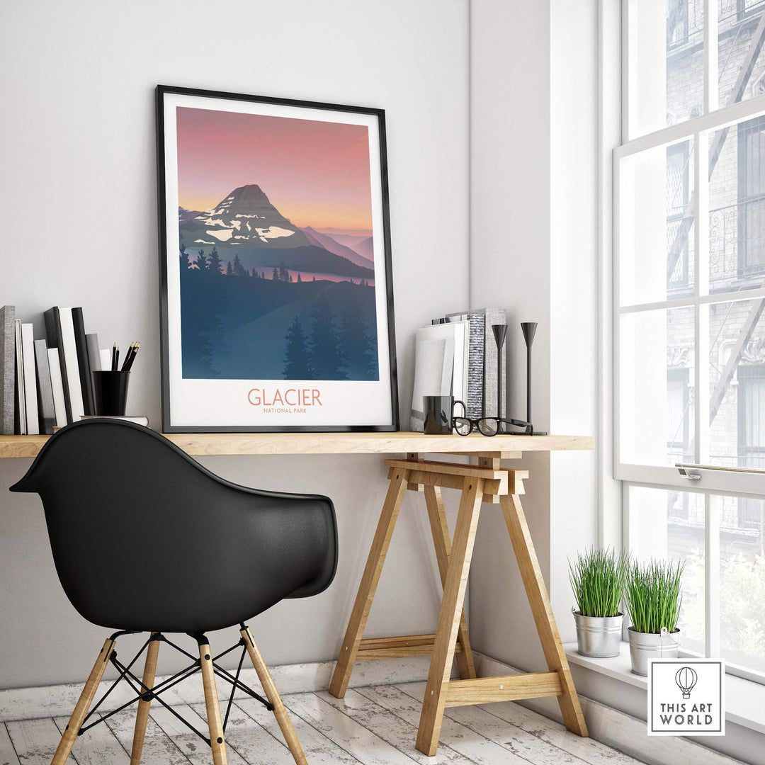 Glacier National Park art print displayed in a modern home office with minimalist decor and natural light.