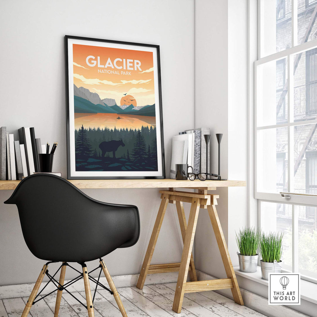 Glacier National Park poster framed in a stylish workspace, showcasing nature-inspired minimalist art.