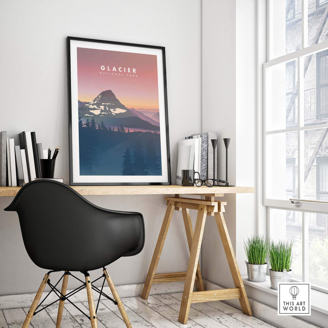Glacier National Park art print displayed in a stylish modern office setting, promoting travel wanderlust.