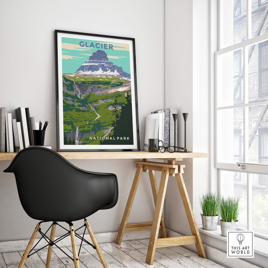 Glacier National Park vintage print displayed in a bright home office with stylish decor and a black chair.