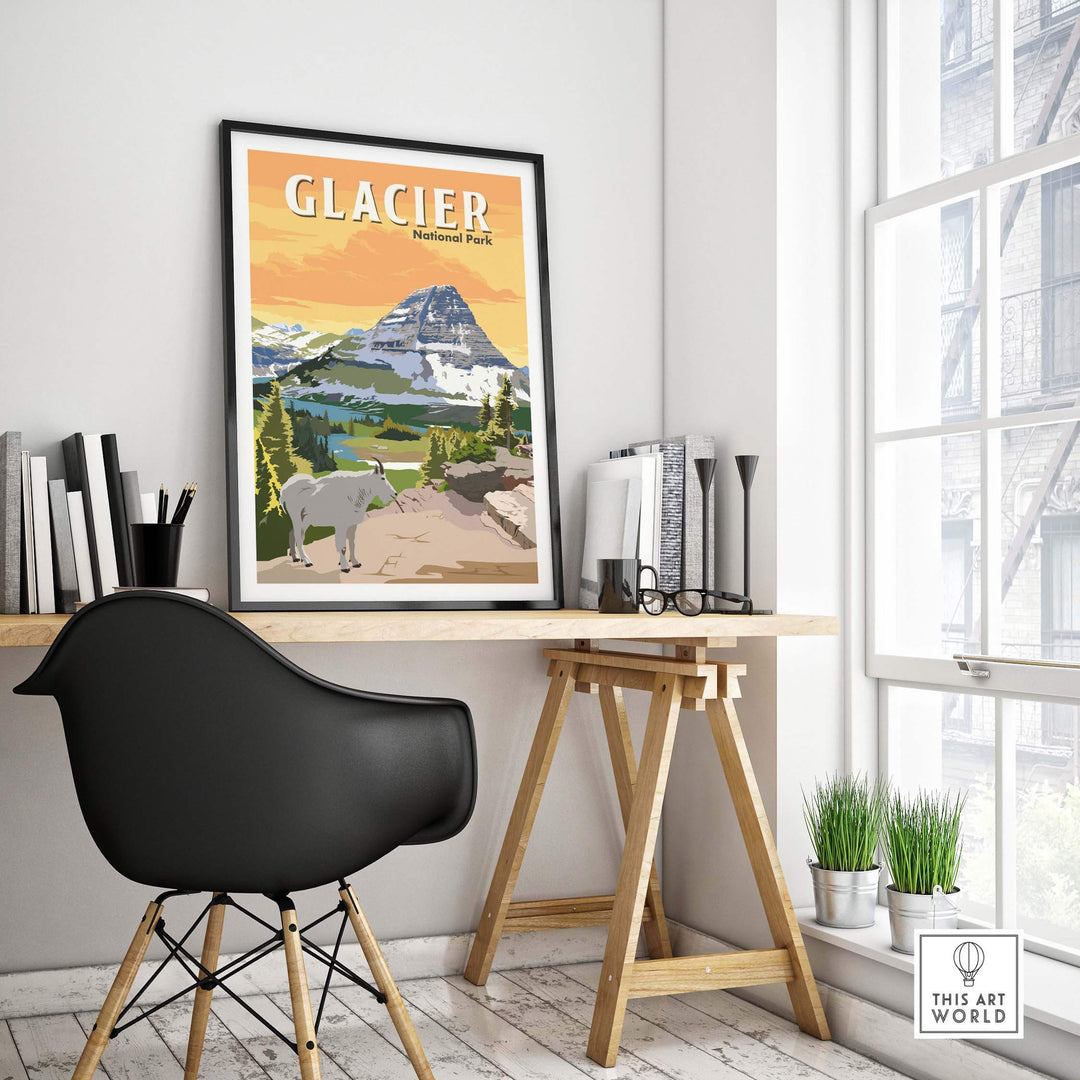 Glacier National Park poster print art displayed in a modern workspace, featuring mountains and wildlife.