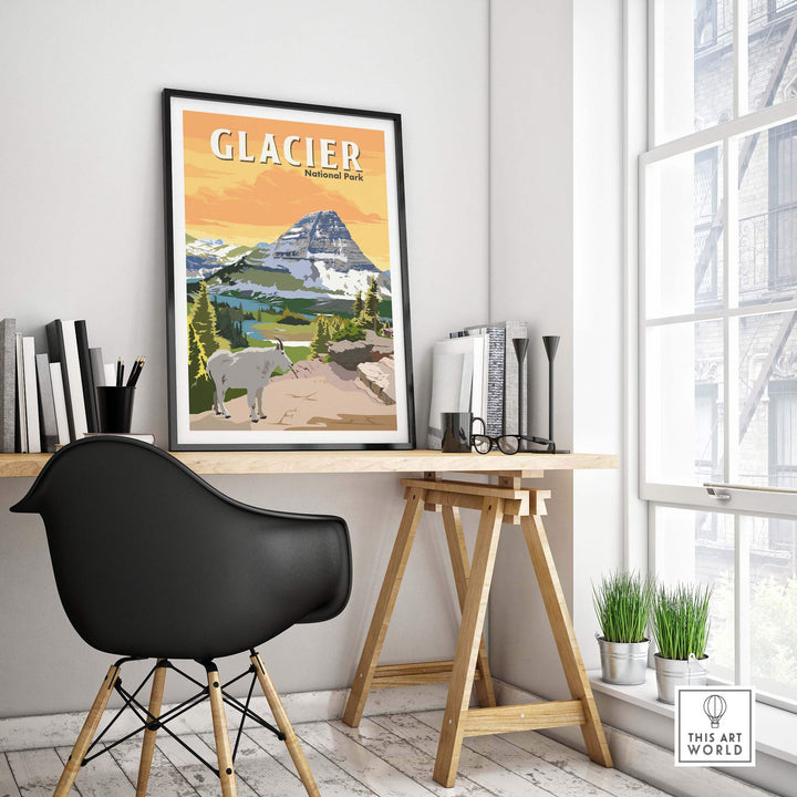 Glacier National Park poster print art displayed in a modern workspace, featuring mountains and wildlife.