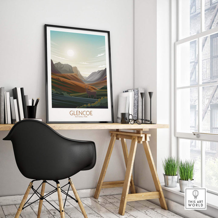 Glencoe National Park poster in modern minimalist style on wall above a stylish desk and chair.
