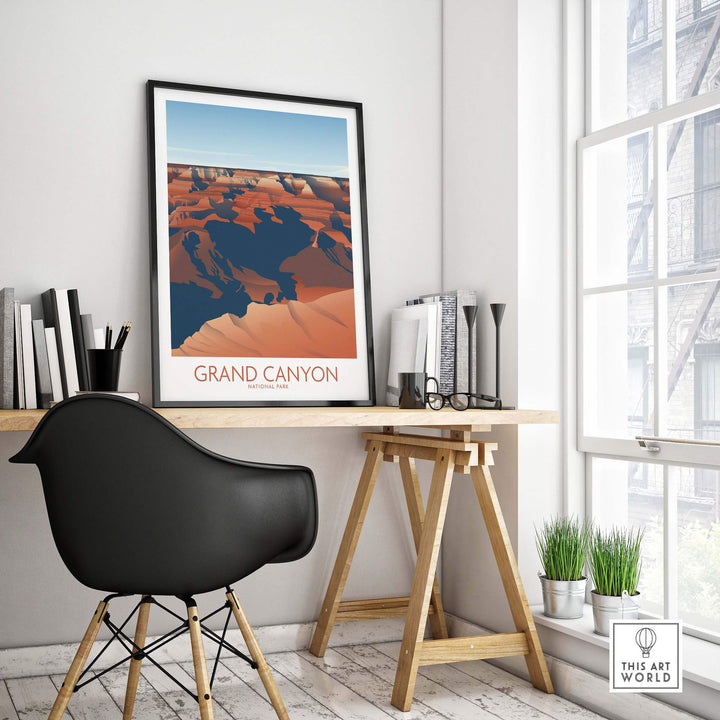 Grand Canyon National Park art print framed on a stylish desk, showcasing nature and wanderlust in minimalist design.