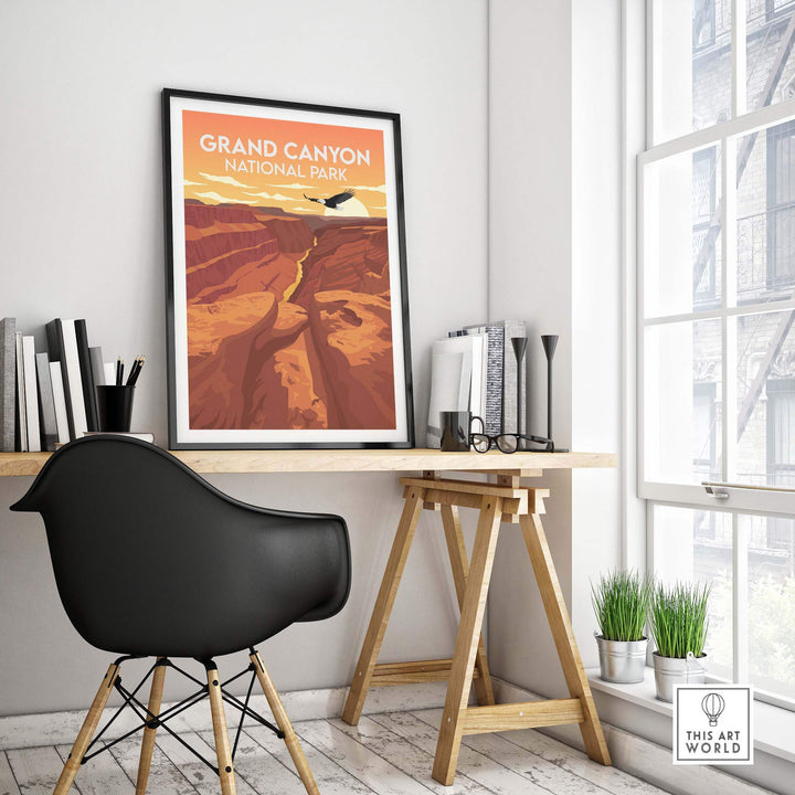Grand Canyon National Park poster displayed in a modern workspace, showcasing minimalist art and stylish decor.