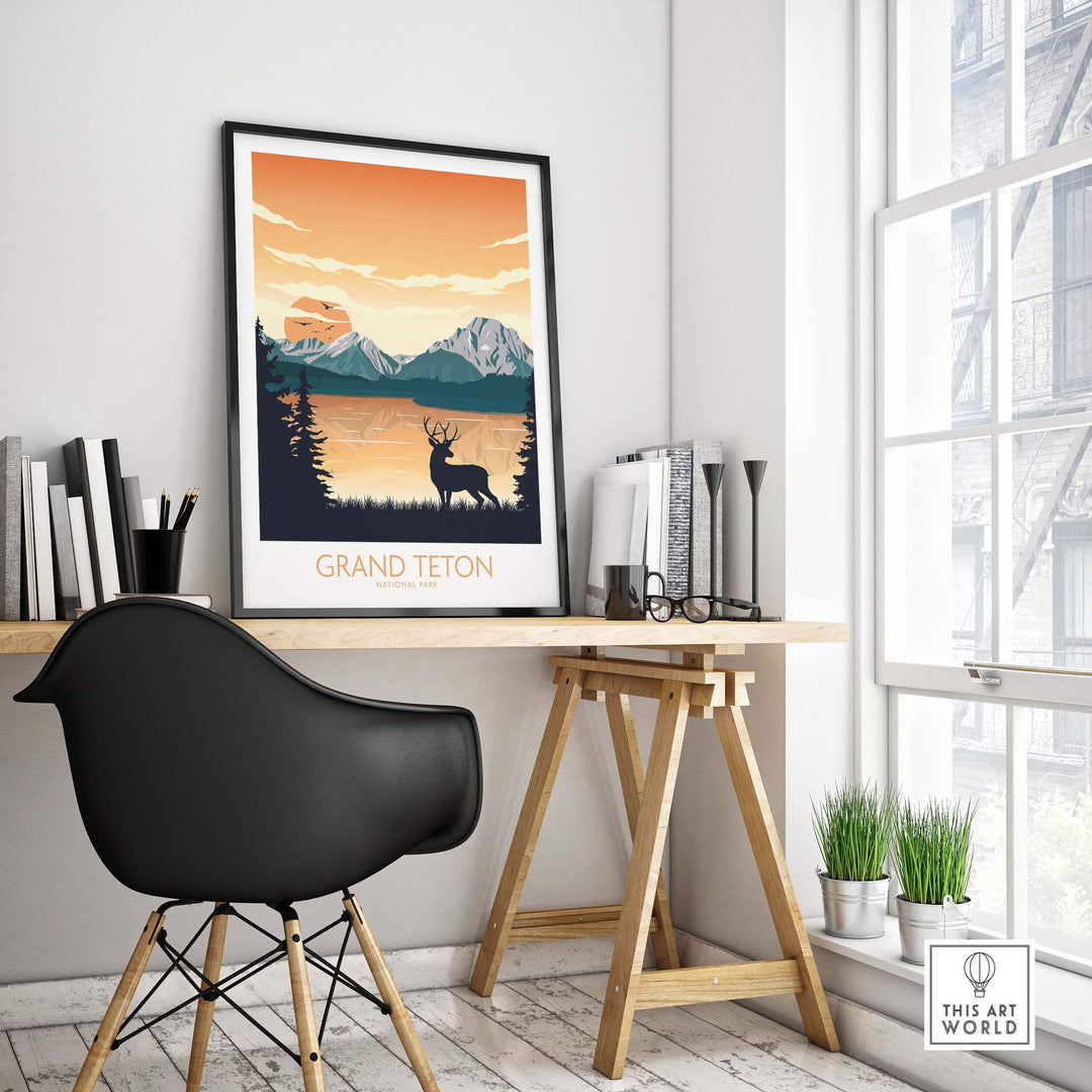 Grand Teton National Park poster art print displayed in a modern office setting, capturing nature and wanderlust.