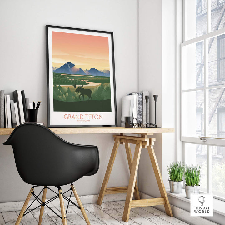 Framed Grand Teton National Park art print in a stylish office setting with a modern chair and serene view.