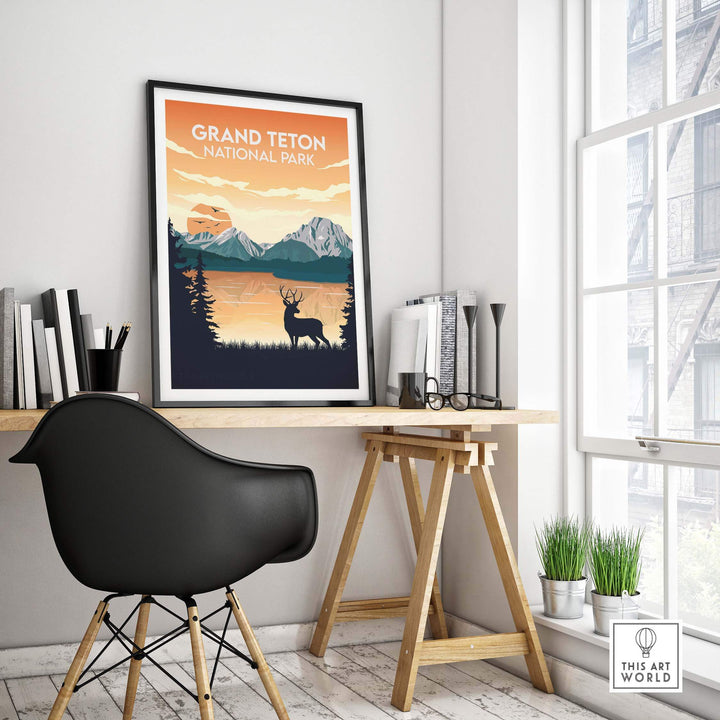 Grand Teton National Park poster featuring mountains, sunset, and deer in a stylish office setting.