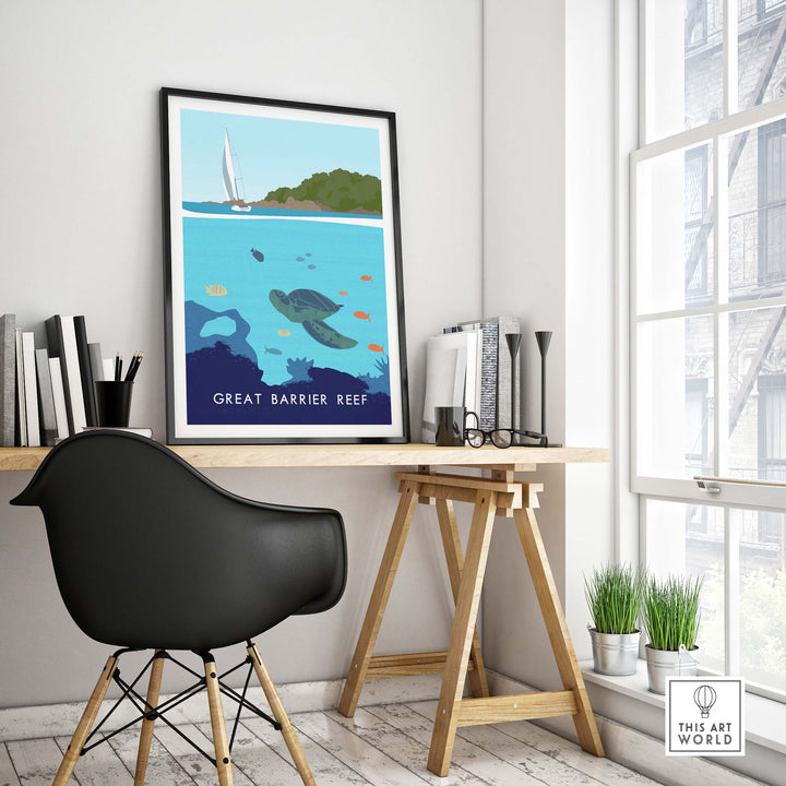 Great Barrier Reef Print displayed in a modern office setting with minimal decor and natural light.